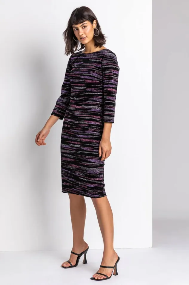 Pink Glitter Stripe Print Velvet Dress Women Roman Dresses
