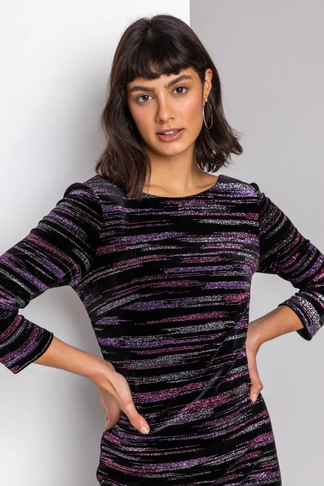 Pink Glitter Stripe Print Velvet Dress Women Roman Dresses