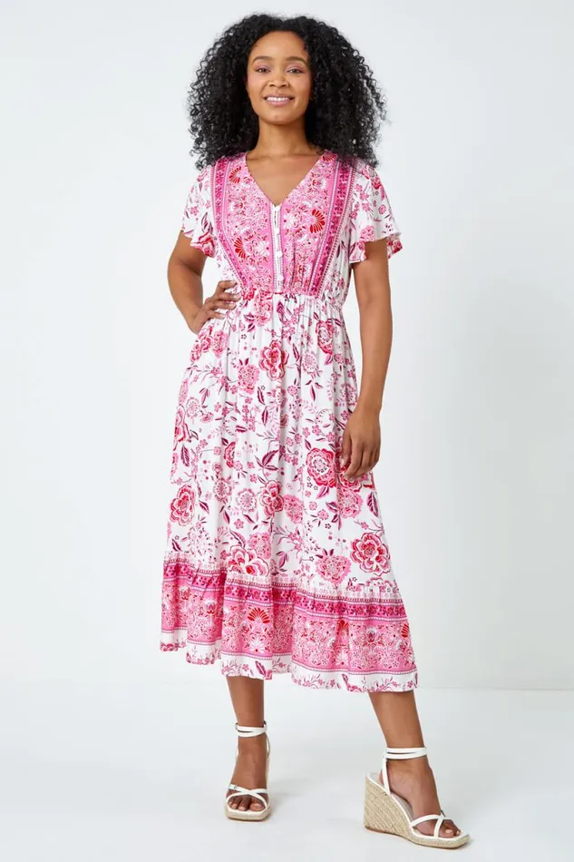 Pink Petite Floral Print Tiered Boho Dress Women Roman Dresses