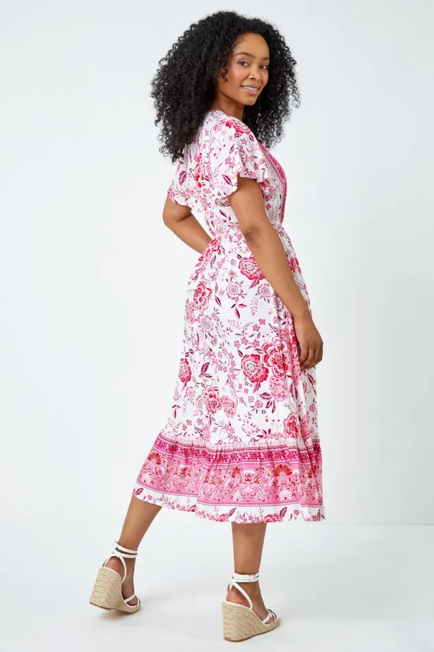 Pink Petite Floral Print Tiered Boho Dress Women Roman Dresses