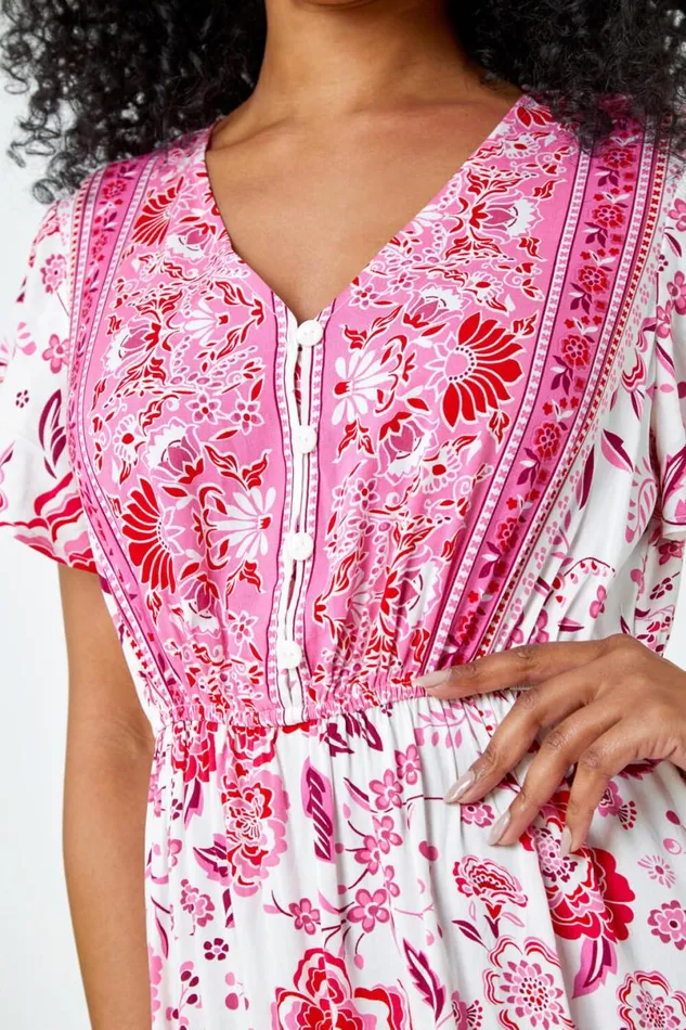 Pink Petite Floral Print Tiered Boho Dress Women Roman Dresses