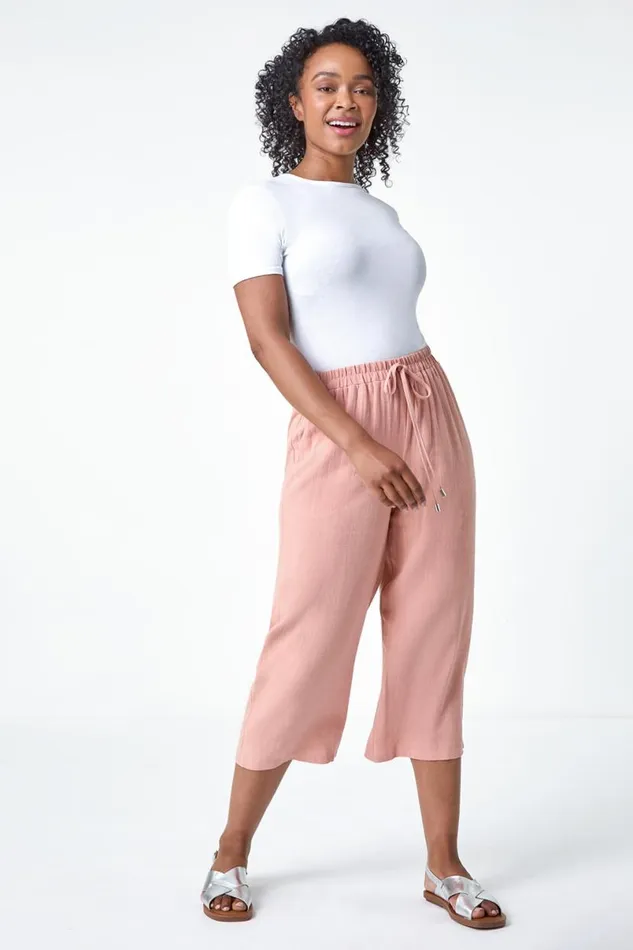 Pink Petite Linen Mix Wide Cropped Trousers Women Roman Trousers