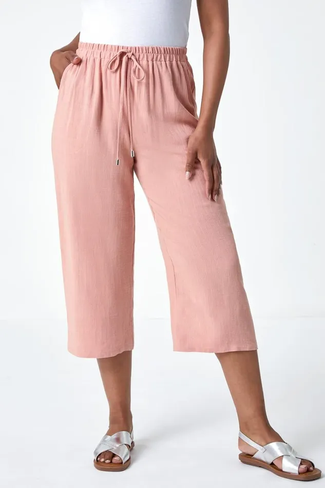 Pink Petite Linen Mix Wide Cropped Trousers Women Roman Trousers