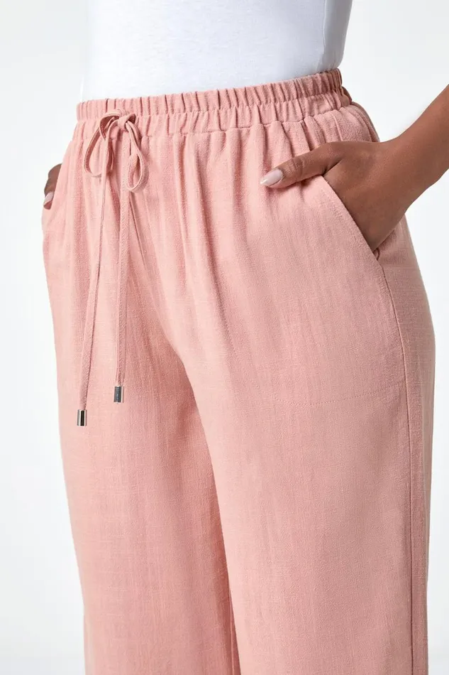 Pink Petite Linen Mix Wide Cropped Trousers Women Roman Trousers
