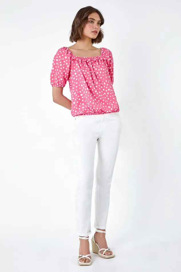 Pink Polka Dot Print Frill Trim Top Women Roman Tops