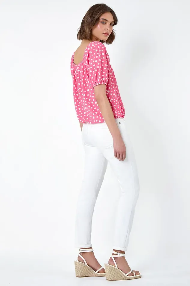 Pink Polka Dot Print Frill Trim Top Women Roman Tops