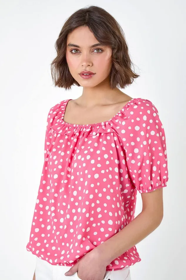 Pink Polka Dot Print Frill Trim Top Women Roman Tops