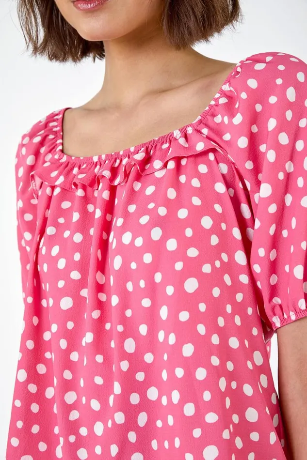 Pink Polka Dot Print Frill Trim Top Women Roman Tops