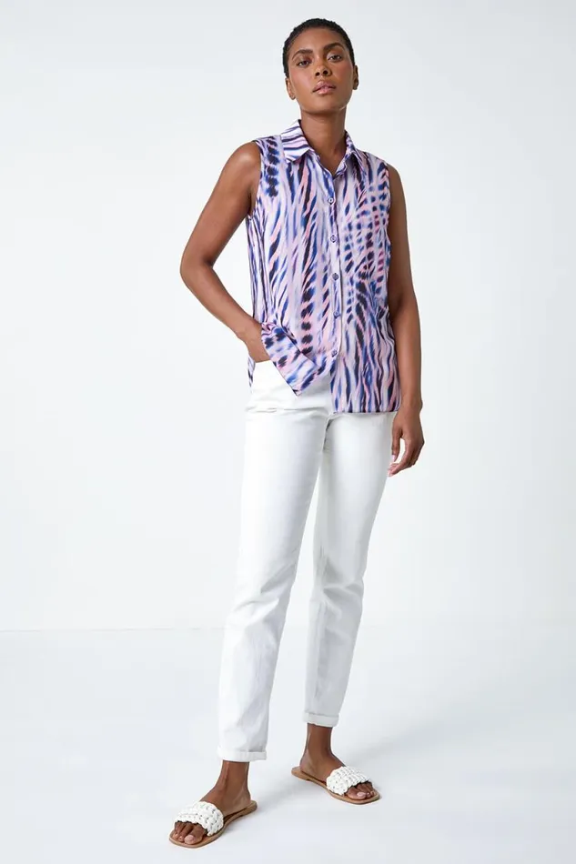 Pink Sleeveless VNeck Abstract Print Blouse Women Roman Tops
