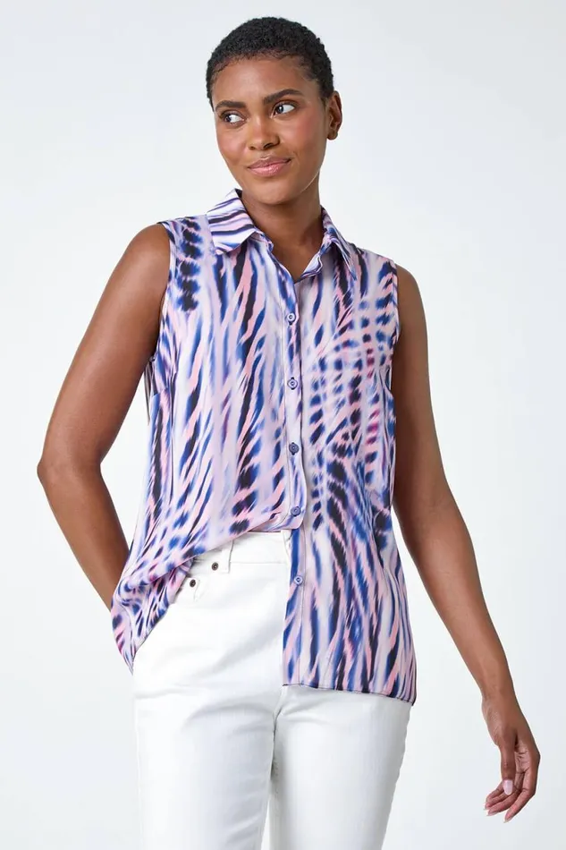 Pink Sleeveless VNeck Abstract Print Blouse Women Roman Tops