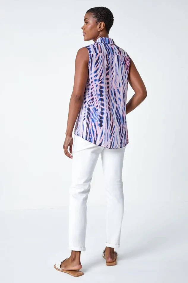 Pink Sleeveless VNeck Abstract Print Blouse Women Roman Tops