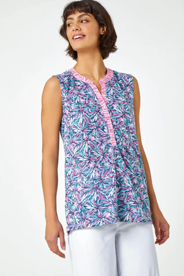 Pink Sleeveless VNeck Floral Print Top Women Roman Tops
