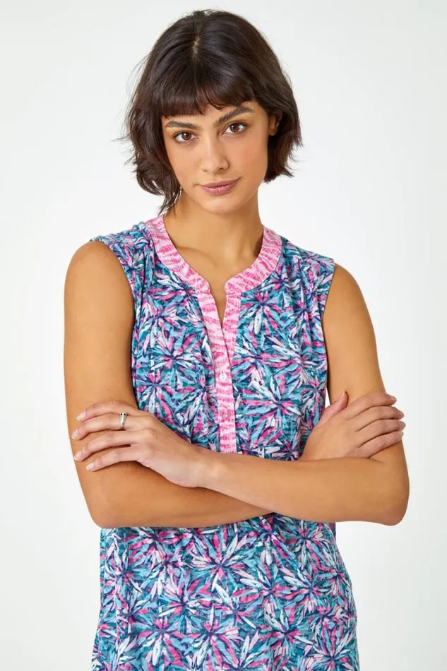 Pink Sleeveless VNeck Floral Print Top Women Roman Tops