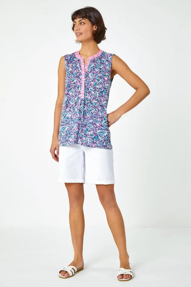 Pink Sleeveless VNeck Floral Print Top Women Roman Tops