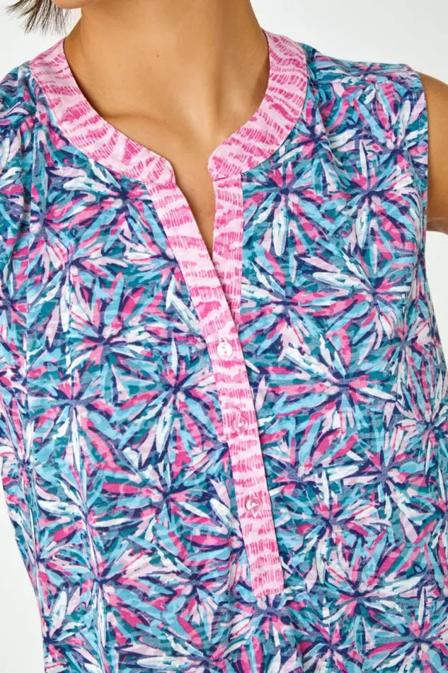Pink Sleeveless VNeck Floral Print Top Women Roman Tops