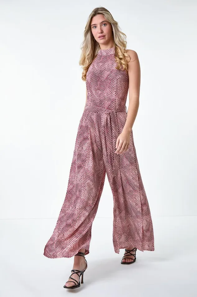 Pink Spot Halter Neck Side Split Jumpsuit Women Roman Dresses