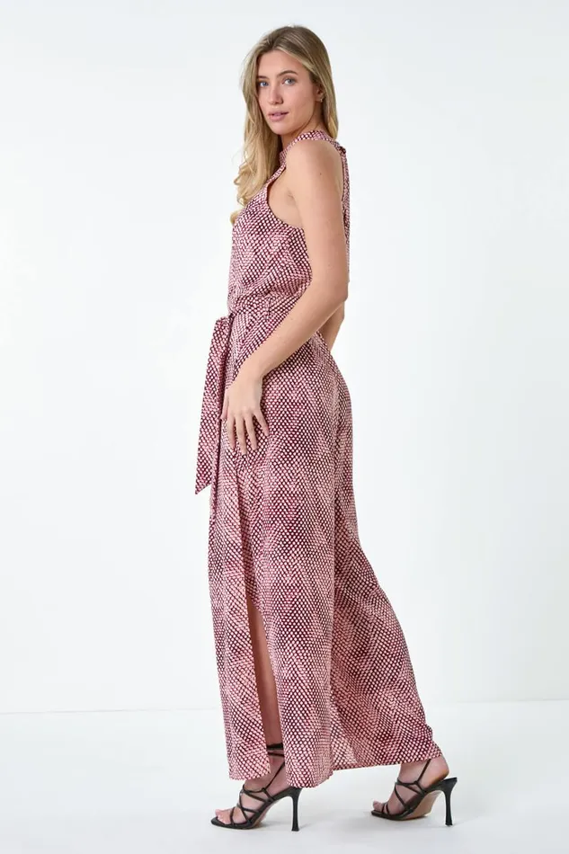 Pink Spot Halter Neck Side Split Jumpsuit Women Roman Dresses