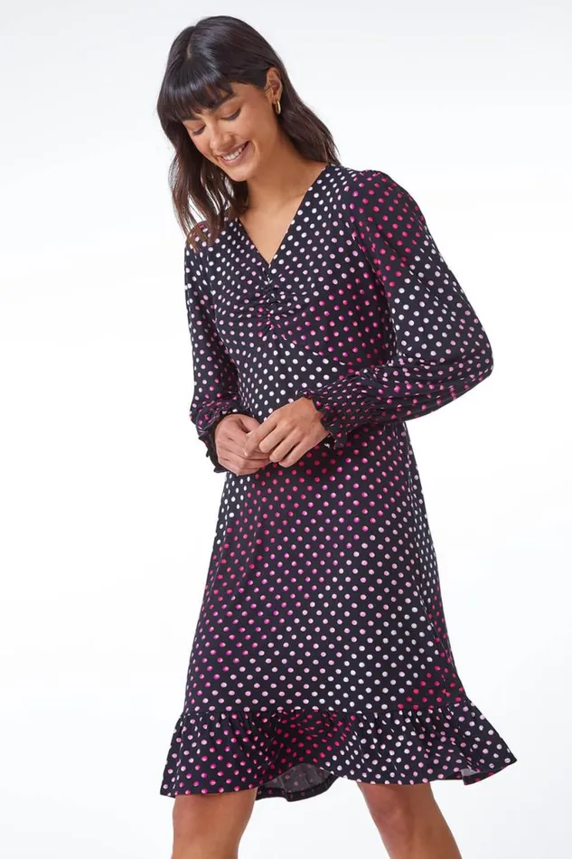 Pink Spot Print Ruched Detail Stretch Dress Women Roman Dresses