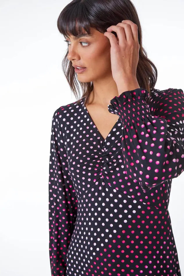 Pink Spot Print Ruched Detail Stretch Dress Women Roman Dresses