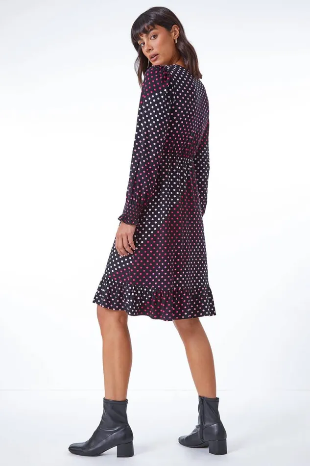 Pink Spot Print Ruched Detail Stretch Dress Women Roman Dresses