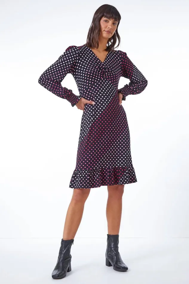 Pink Spot Print Ruched Detail Stretch Dress Women Roman Dresses