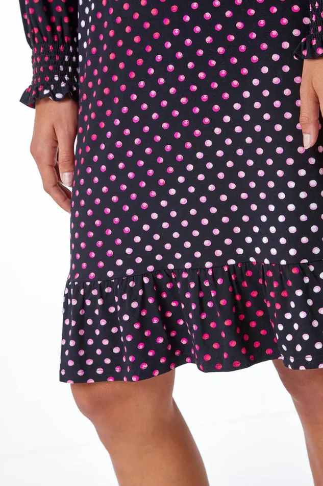 Pink Spot Print Ruched Detail Stretch Dress Women Roman Dresses