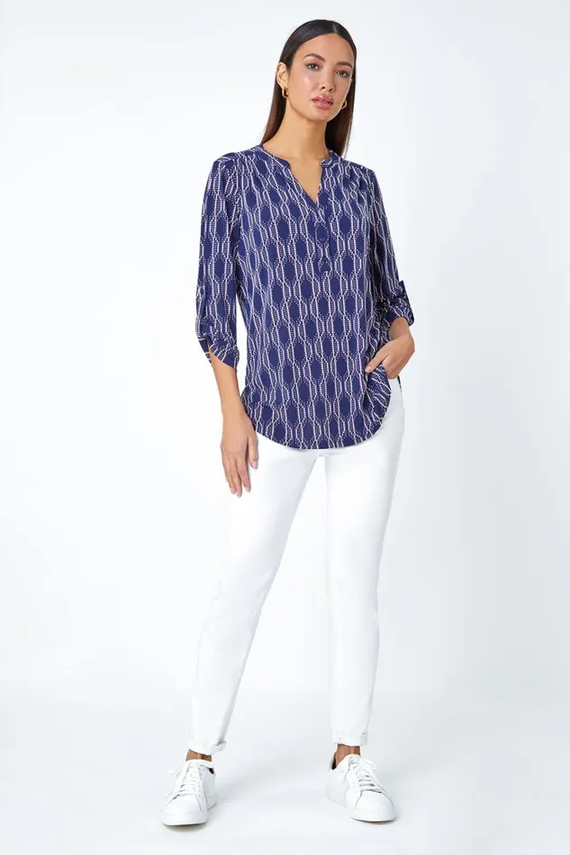 Pink Textured Geometric Print VNeck Stretch Shirt Women Roman Tops