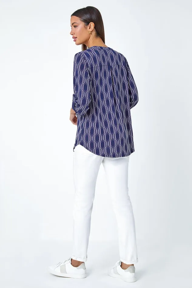 Pink Textured Geometric Print VNeck Stretch Shirt Women Roman Tops