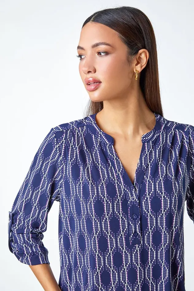 Pink Textured Geometric Print VNeck Stretch Shirt Women Roman Tops