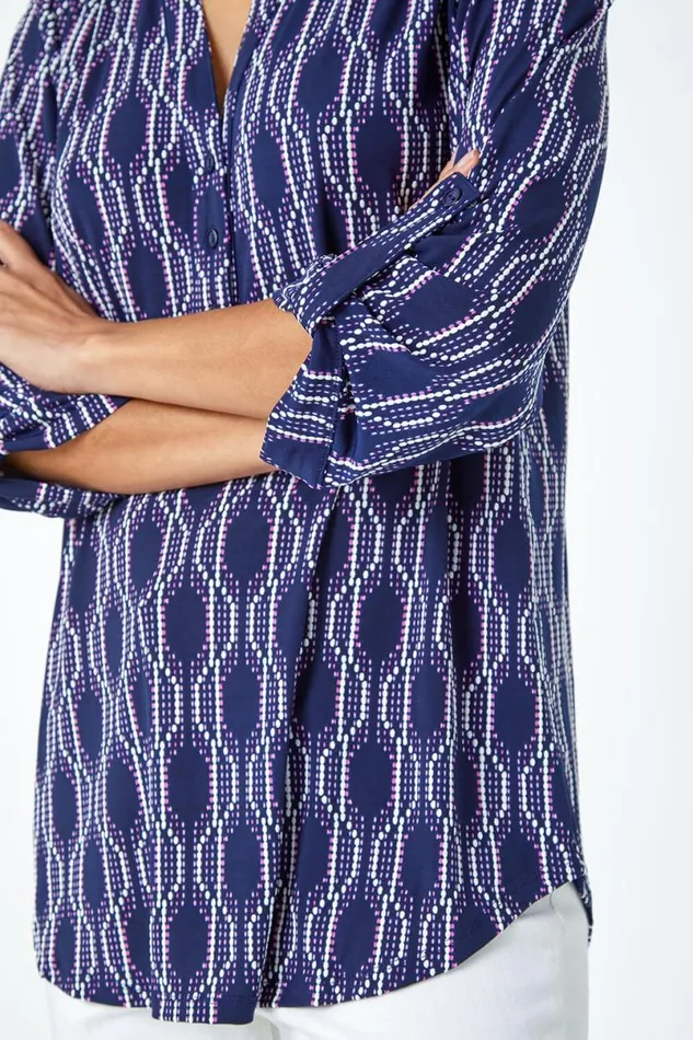 Pink Textured Geometric Print VNeck Stretch Shirt Women Roman Tops