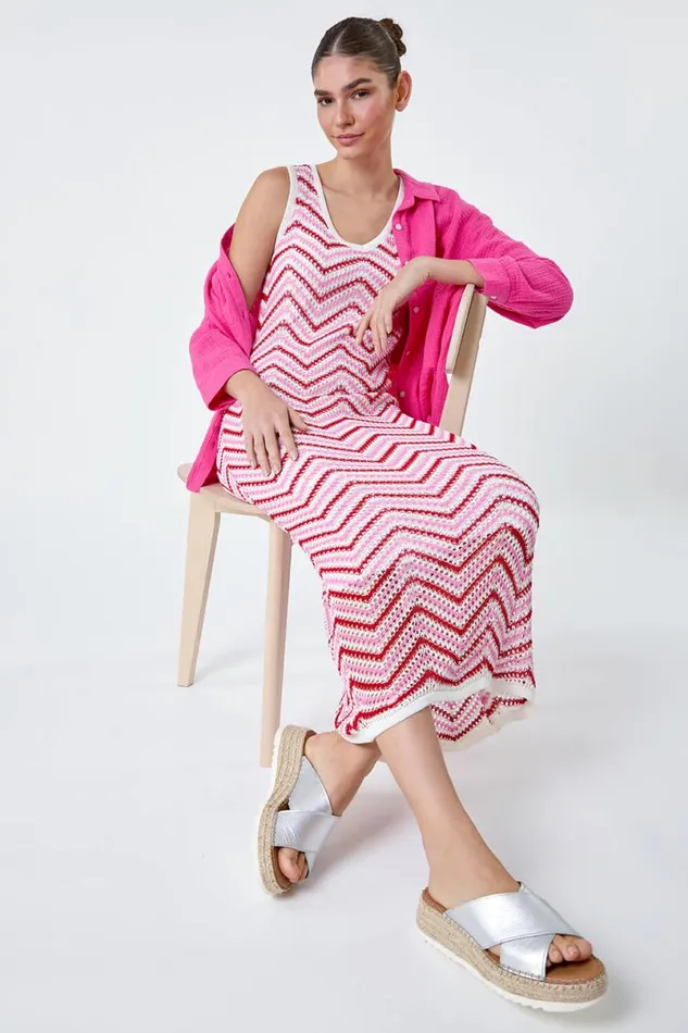 Pink Zig Zag Crochet Knit Midi Dress Women Roman Dresses