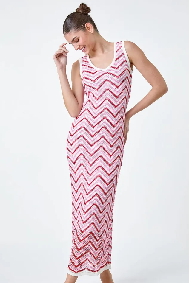 Pink Zig Zag Crochet Knit Midi Dress Women Roman Dresses