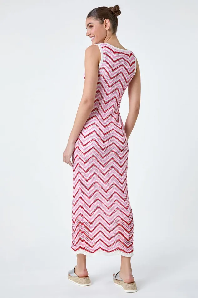 Pink Zig Zag Crochet Knit Midi Dress Women Roman Dresses