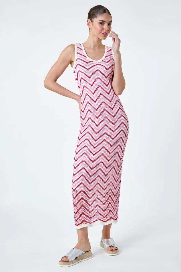 Pink Zig Zag Crochet Knit Midi Dress Women Roman Dresses