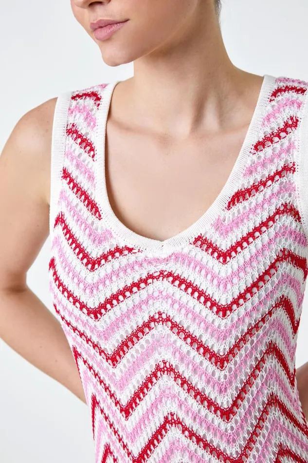Pink Zig Zag Crochet Knit Midi Dress Women Roman Dresses