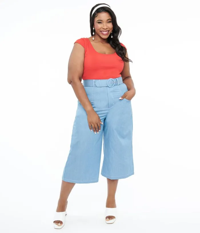 Plus Size 1940s Light Blue Denim Ginger Capri Pants ClothingPlus Unique Vintage Pants