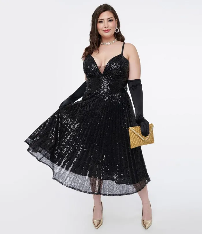 Plus Size 1950s Black Pleated Sequin Swing Dress DressesPlus Unique Vintage Swing Plus Size 1950s Black Pleated Sequin Swing Dress DressesPlus Unique Vintage Swing
