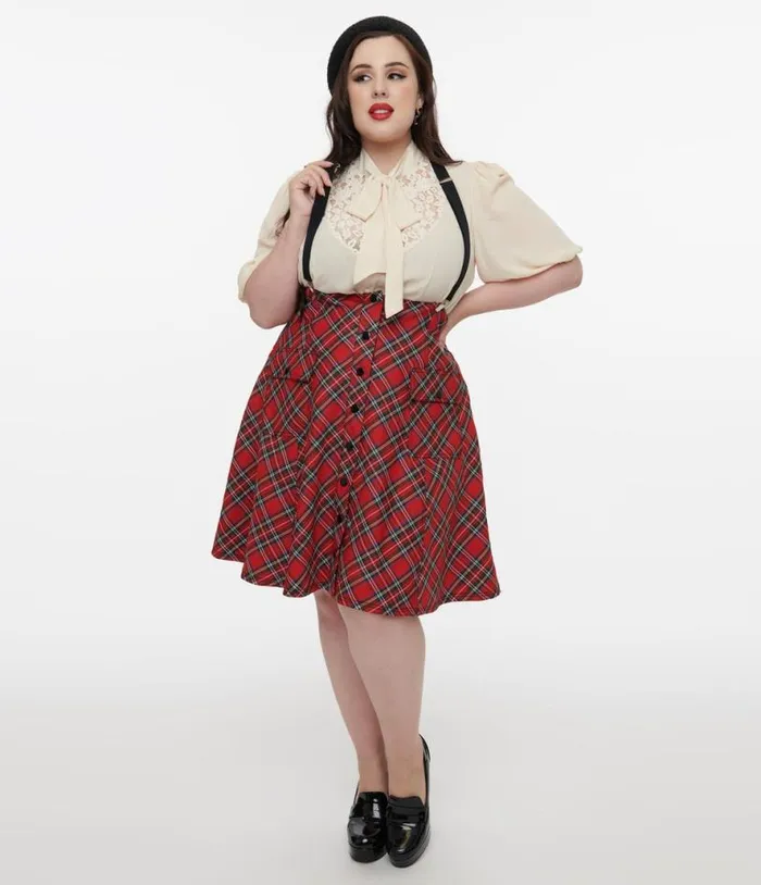 Plus Size 1950s Red Bias Plaid Suspender Flare Skirt ClothingPlus Unique Vintage Skirts Plus Size 1950s Red Bias Plaid Suspender Flare Skirt ClothingPlus Unique Vintage Skirts