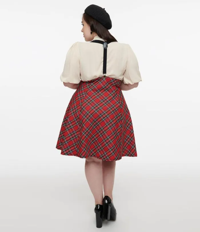 Plus Size 1950s Red Bias Plaid Suspender Flare Skirt ClothingPlus Unique Vintage Skirts