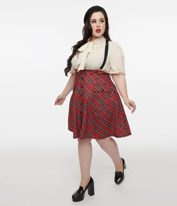 Plus Size 1950s Red Bias Plaid Suspender Flare Skirt ClothingPlus Unique Vintage Skirts