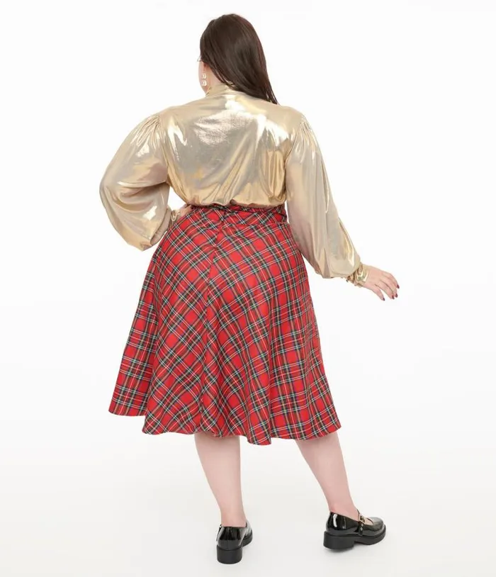 Plus Size 1950s Red Plaid High Waist Vivien Swing Skirt ClothingPlus Unique Vintage Skirts