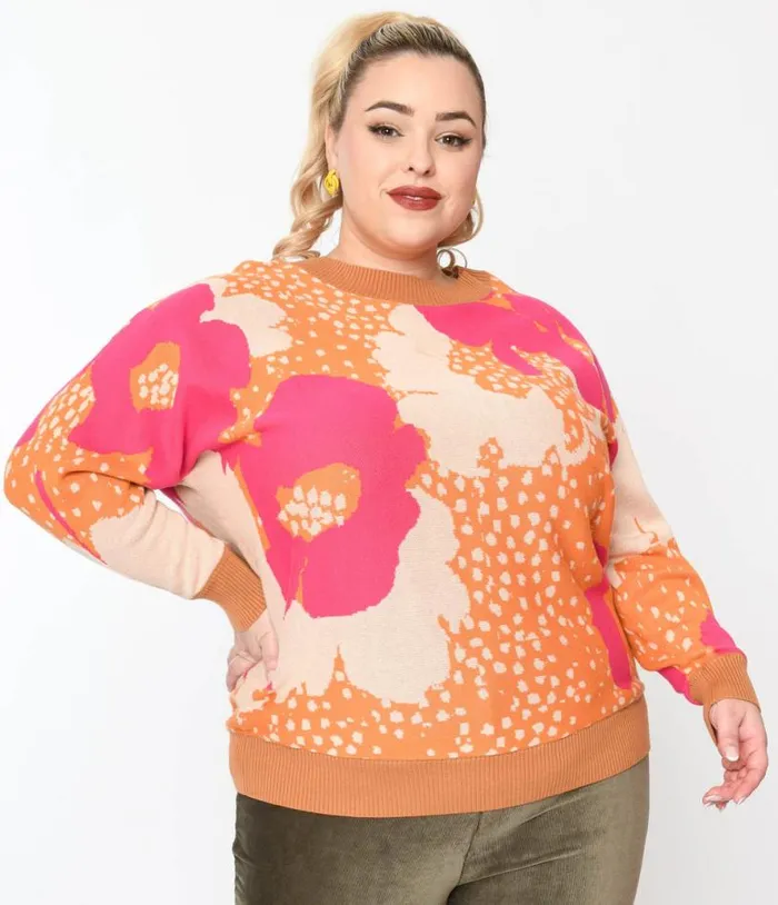 Plus Size 1970s Rust Orange and Fuchsia Floral Knit Sweater ClothingPlus Unique Vintage Sweaters and Cardigans Plus Size 1970s Rust Orange and Fuchsia Floral Knit Sweater ClothingPlus Unique Vintage Sweaters and Cardigans