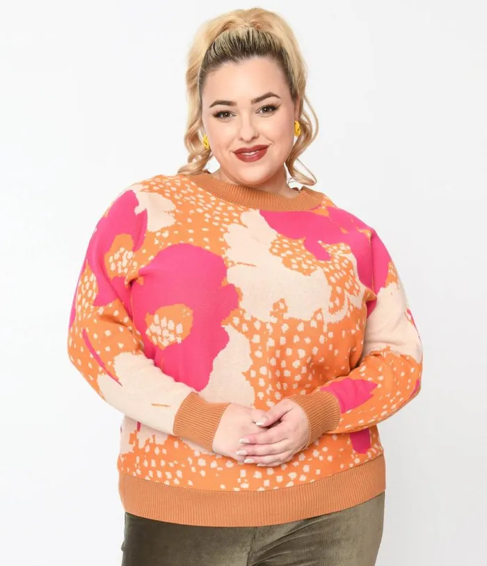 Plus Size 1970s Rust Orange and Fuchsia Floral Knit Sweater ClothingPlus Unique Vintage Sweaters and Cardigans