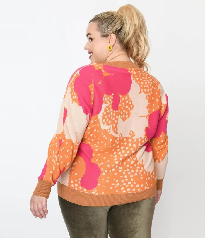Plus Size 1970s Rust Orange and Fuchsia Floral Knit Sweater ClothingPlus Unique Vintage Sweaters and Cardigans