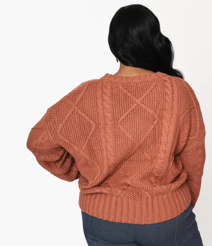 Plus Size Brick Red Cable Knit Oversize Sweater Clothing Unique Vintage Sweaters and Cardigans