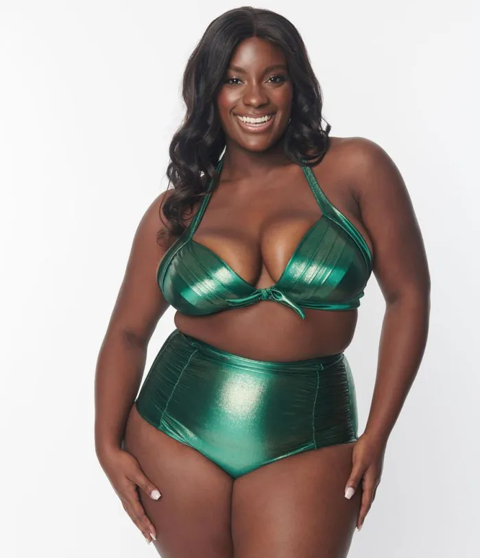 Plus Size Metallic Emerald Monroe Halter Swim Top Plus Unique Vintage Two Piece Swim