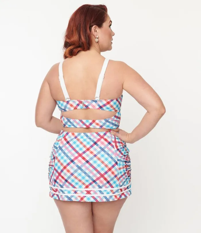 Plus Size Pastel Madras Plaid Lace Up Swim Top Plus Unique Vintage Two Piece Swim