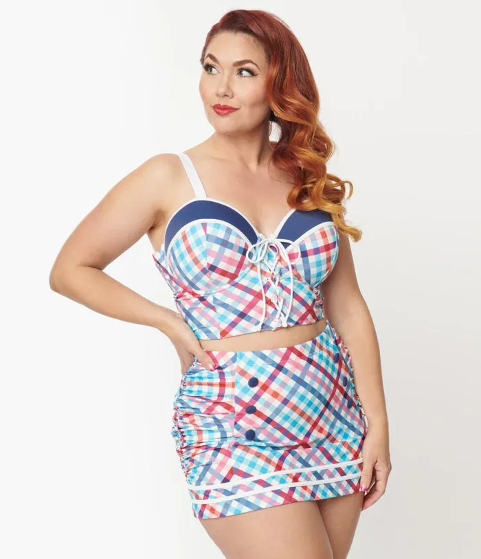 Plus Size Pastel Madras Plaid Lace Up Swim Top Plus Unique Vintage Two Piece Swim