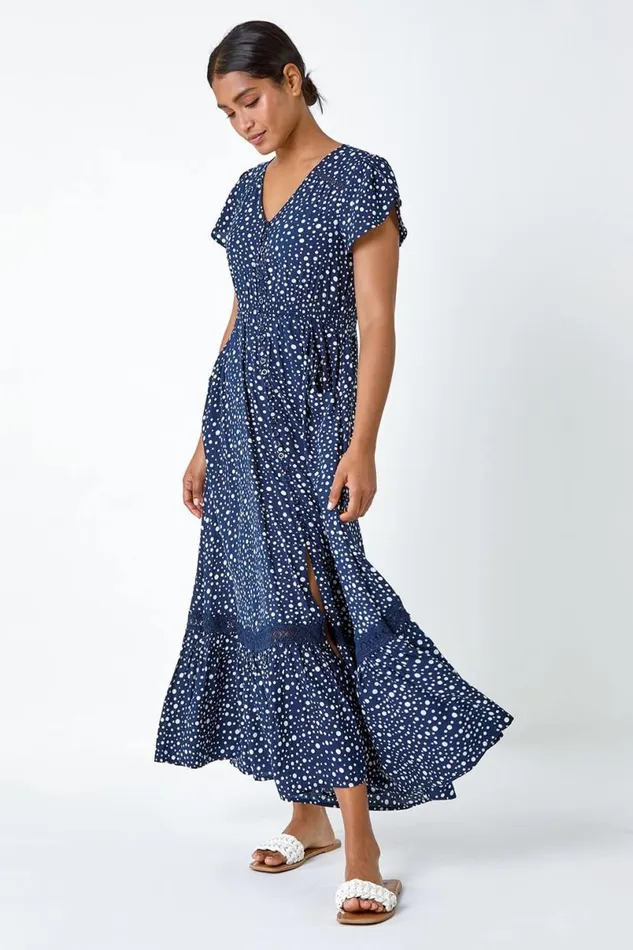 Polka Dot Lace Detail Maxi Dress Women Roman Dresses
