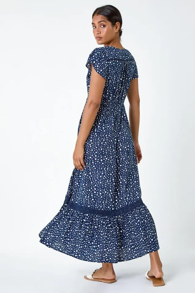 Polka Dot Lace Detail Maxi Dress Women Roman Dresses